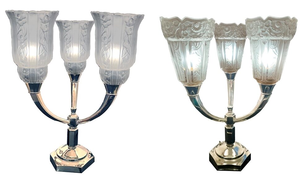 Originales Paar Art Déco Tischlampen Bronze und signiertes Glas