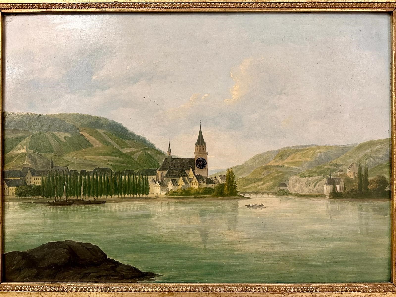 Bilderuhr aus dem Biedermeier voll funktionstüchtig mit der Martinskirche von Bingen und gegenüber dem ehelmaligen Kloster der Hildegard von Bingen.