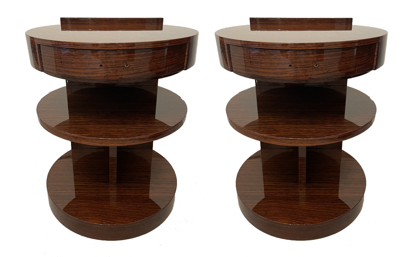 Rare pair of semi-circular Art Deco bedside tables with drawer - fittings still to be mounted.