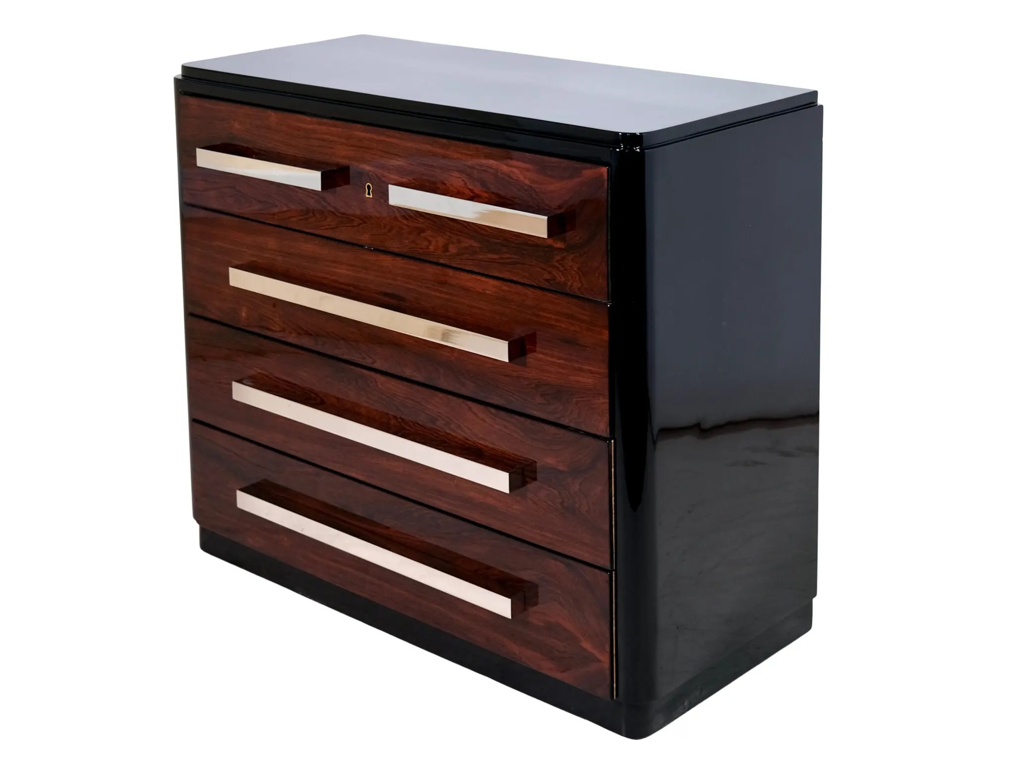 Four-drawer chest of drawers with nickel-plated metal fittings.