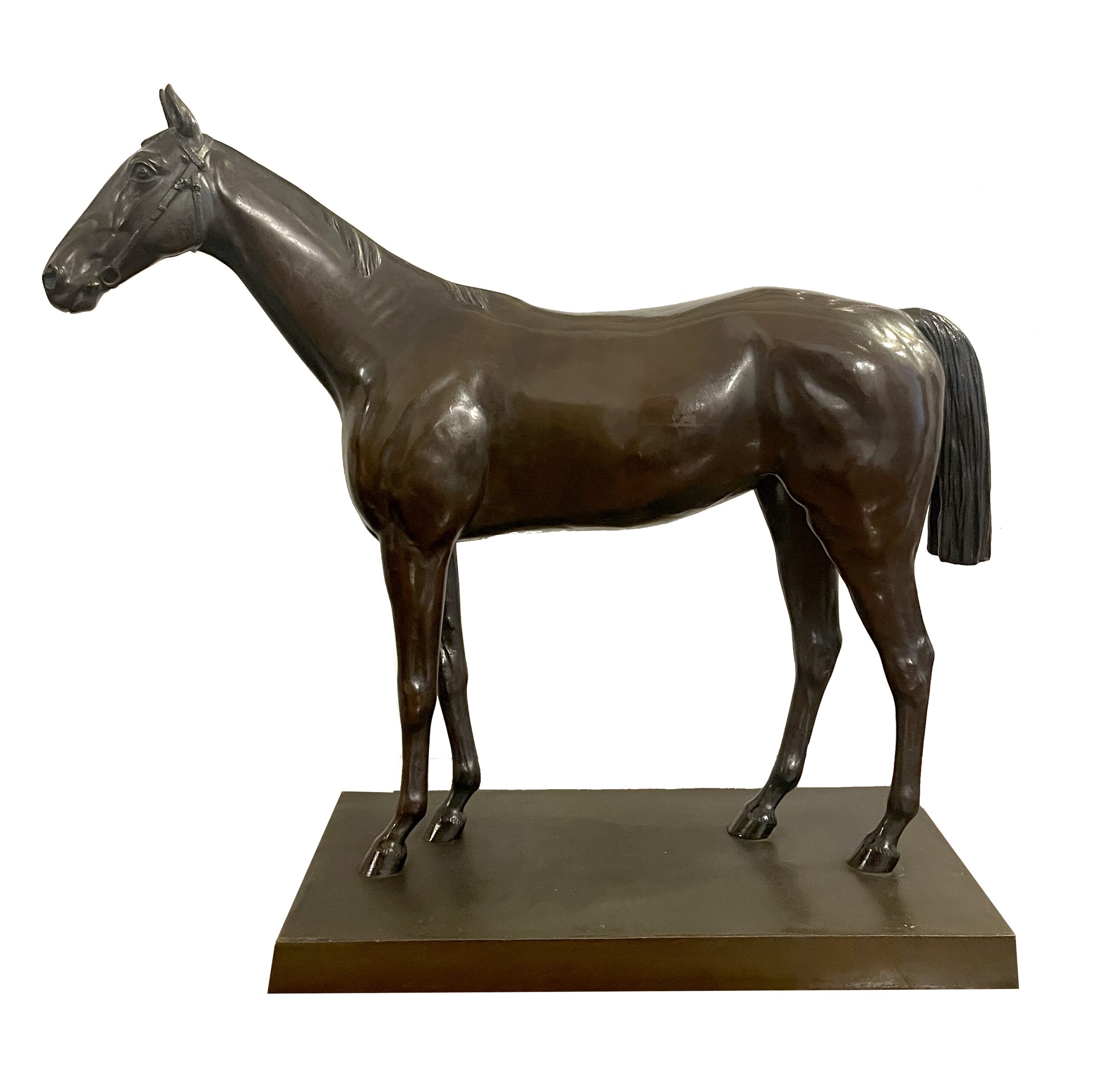 Standing mare, bronze, on flat rectangular