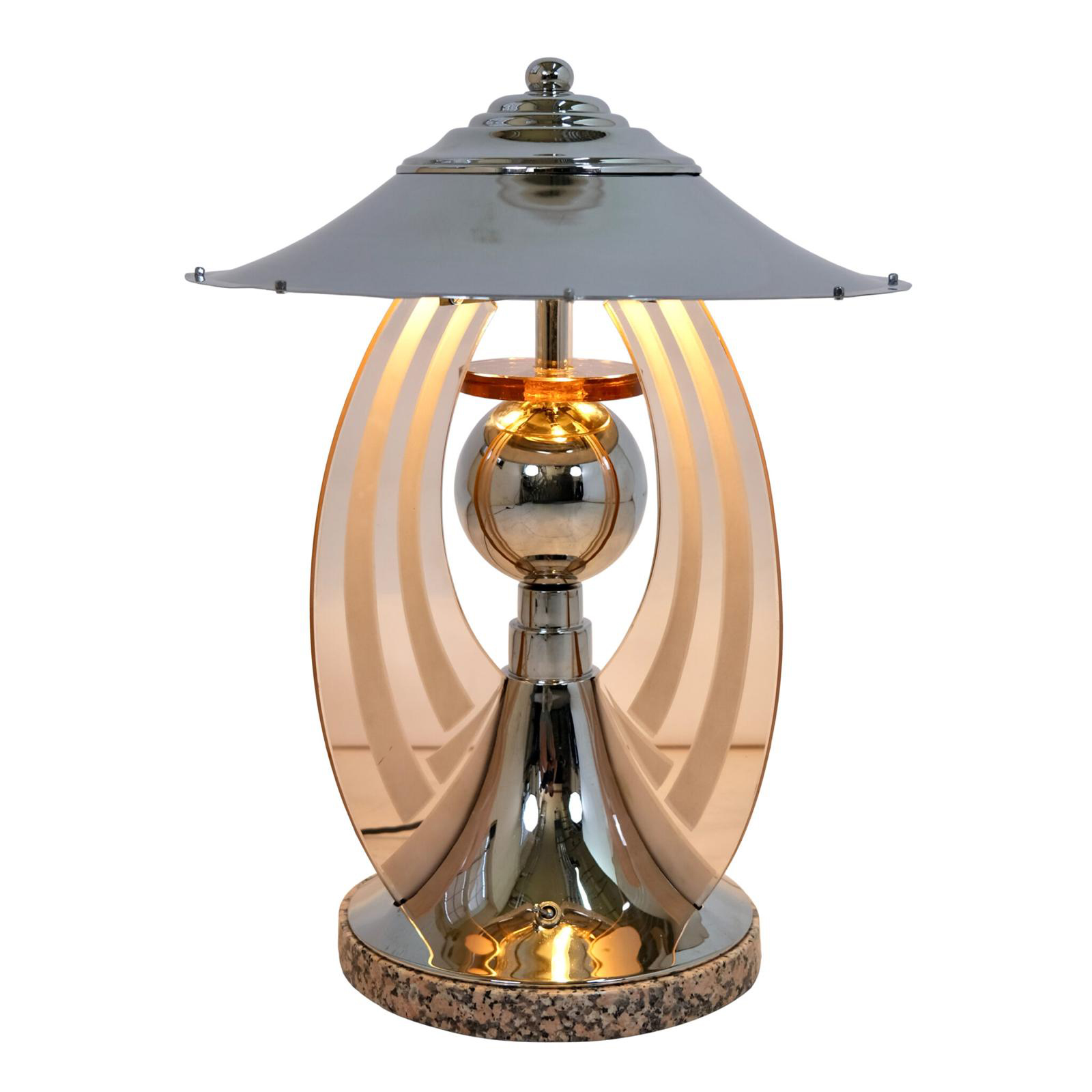 Rosalin table lamp Art Deco Rosalin glass has been skilfully used in an elliptical shape for this Art Deco table lamp.