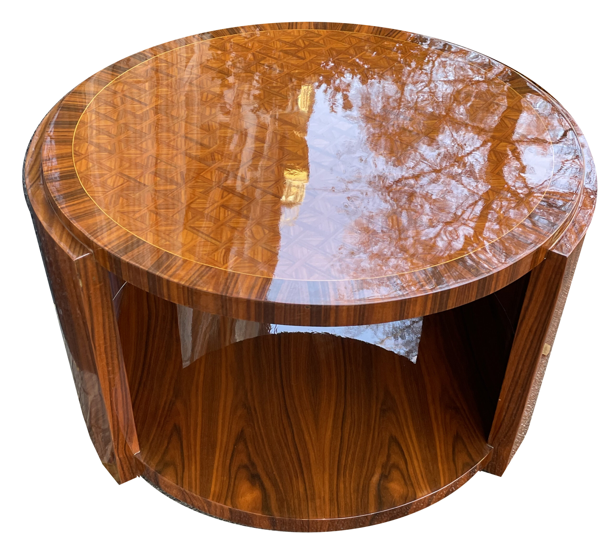 Paar runde Art Deco Couchtische in Satinwood und Palisander mit reicher Marketerie,ca.1950.