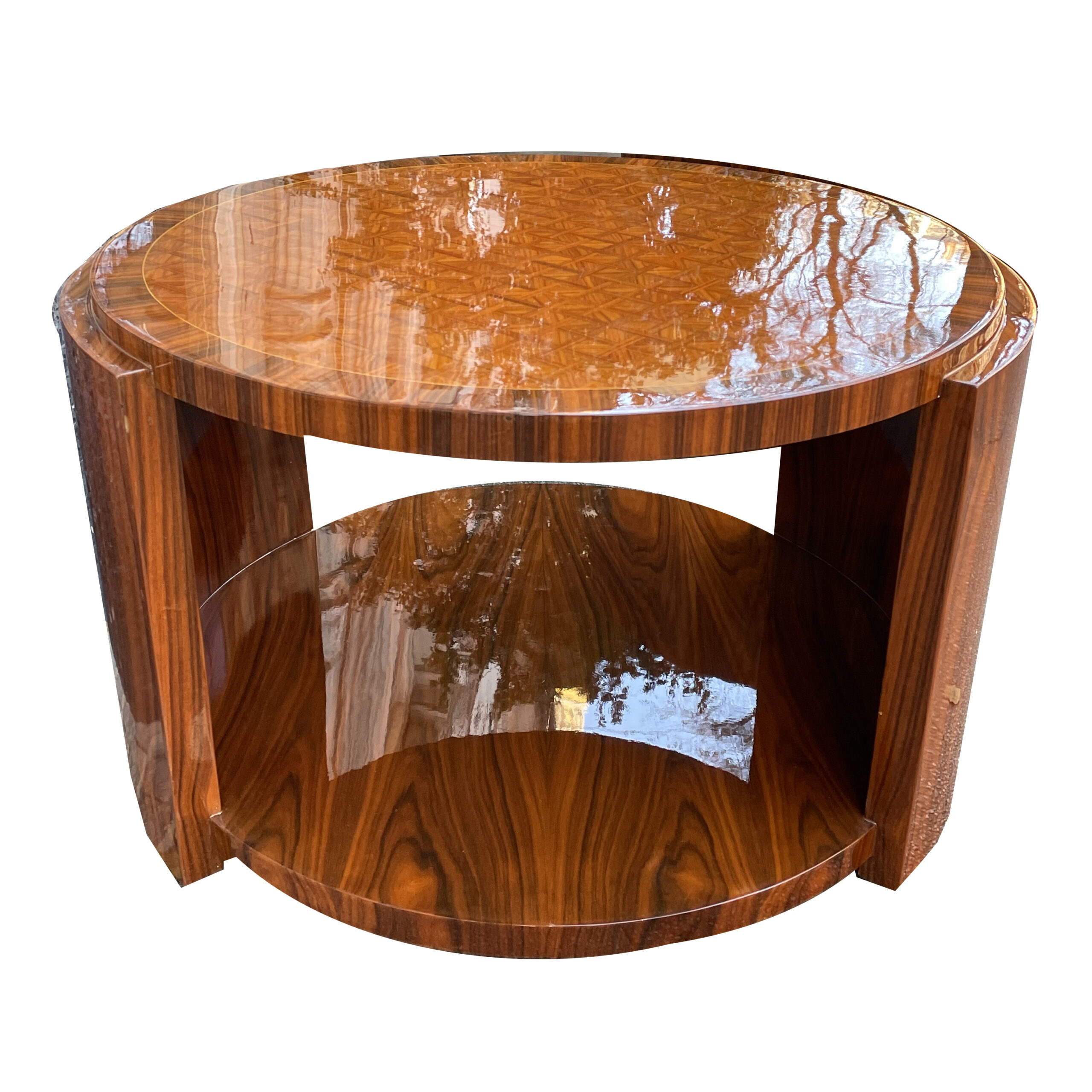 Paar runde Art Deco Couchtische in Satinwood und Palisander mit reicher Marketerie,ca.1950.