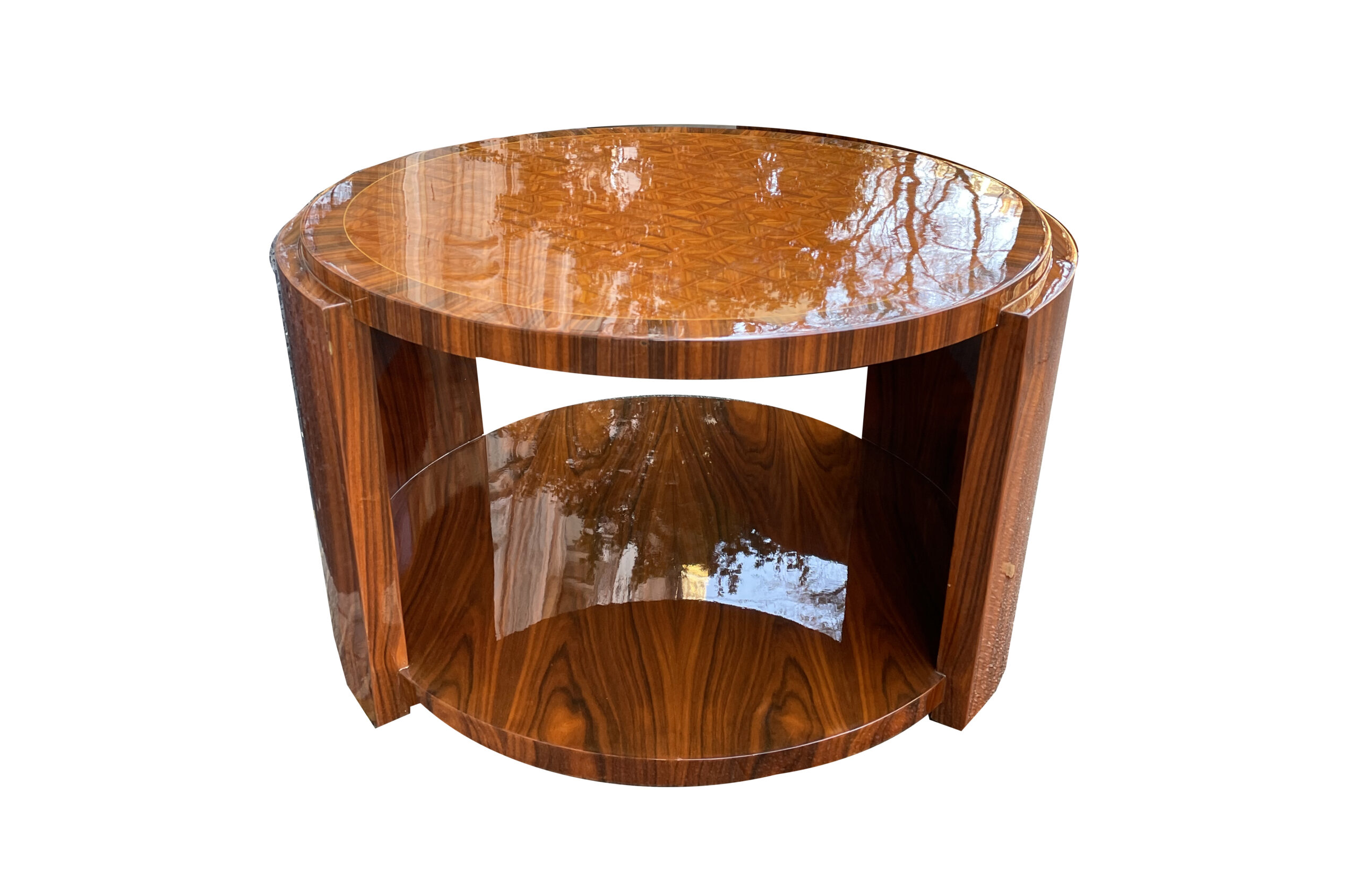 Paar runde Art Deco Couchtische in Satinwood und Palisander mit reicher Marketerie,ca.1950.