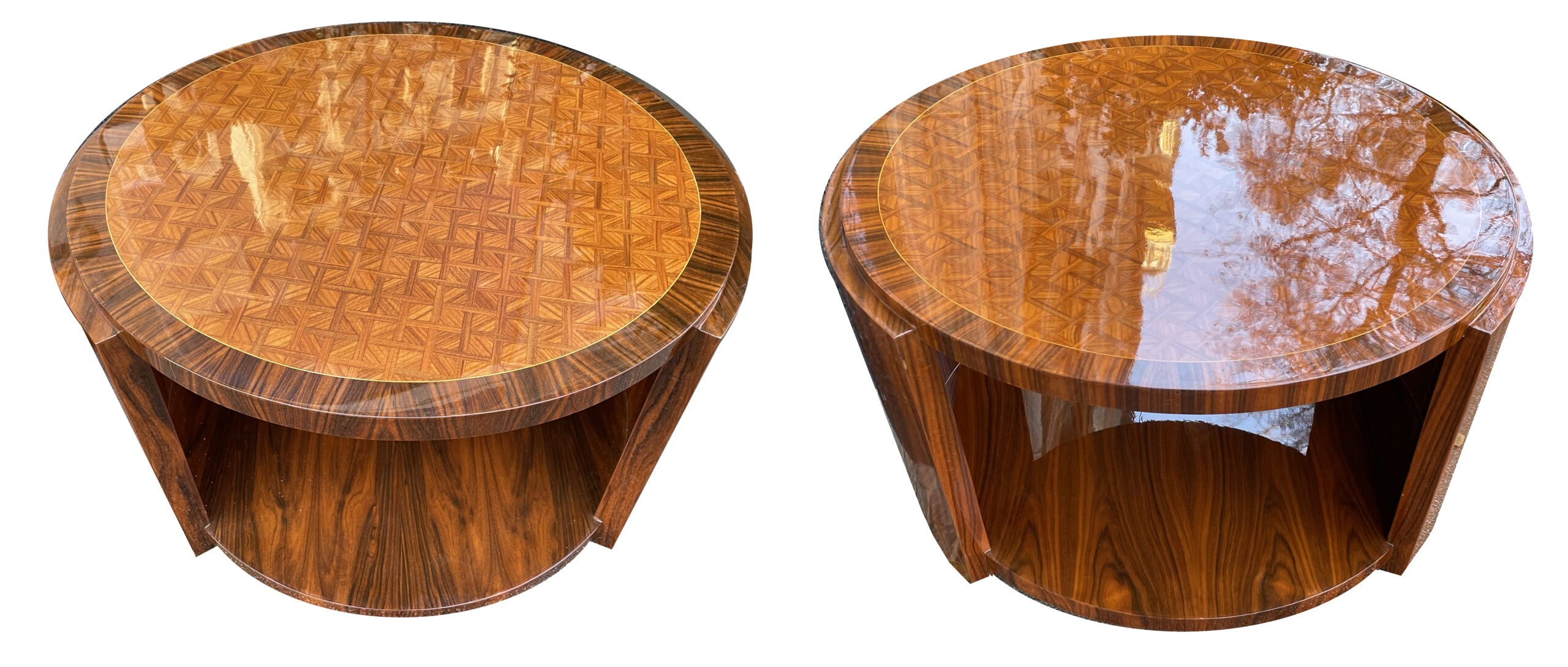 Paar runde Art Deco Couchtische in Satinwood und Palisander mit reicher Marketerie,ca.1950.