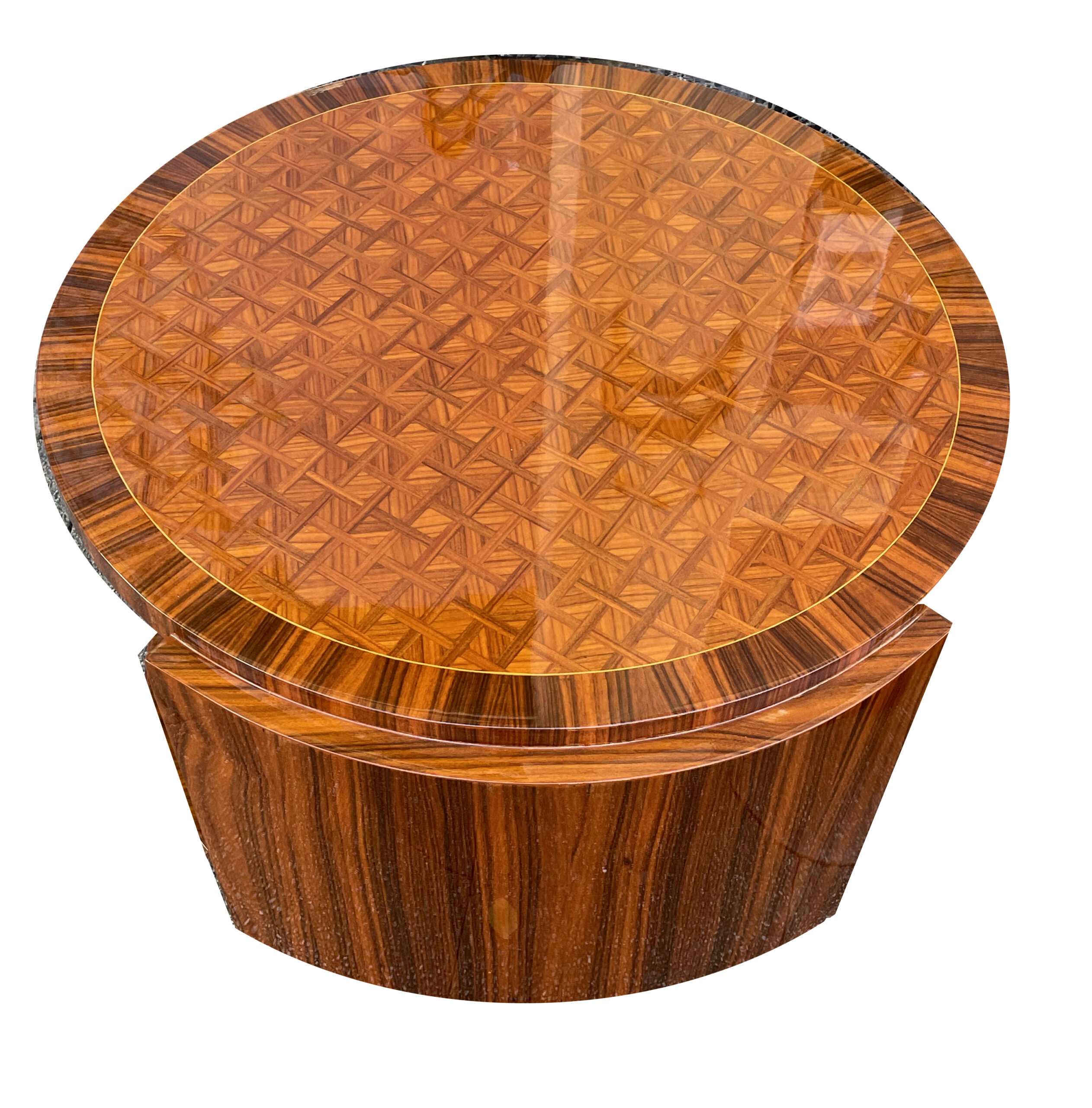 Paar runde Art Deco Couchtische in Satinwood und Palisander mit reicher Marketerie,ca.1950.