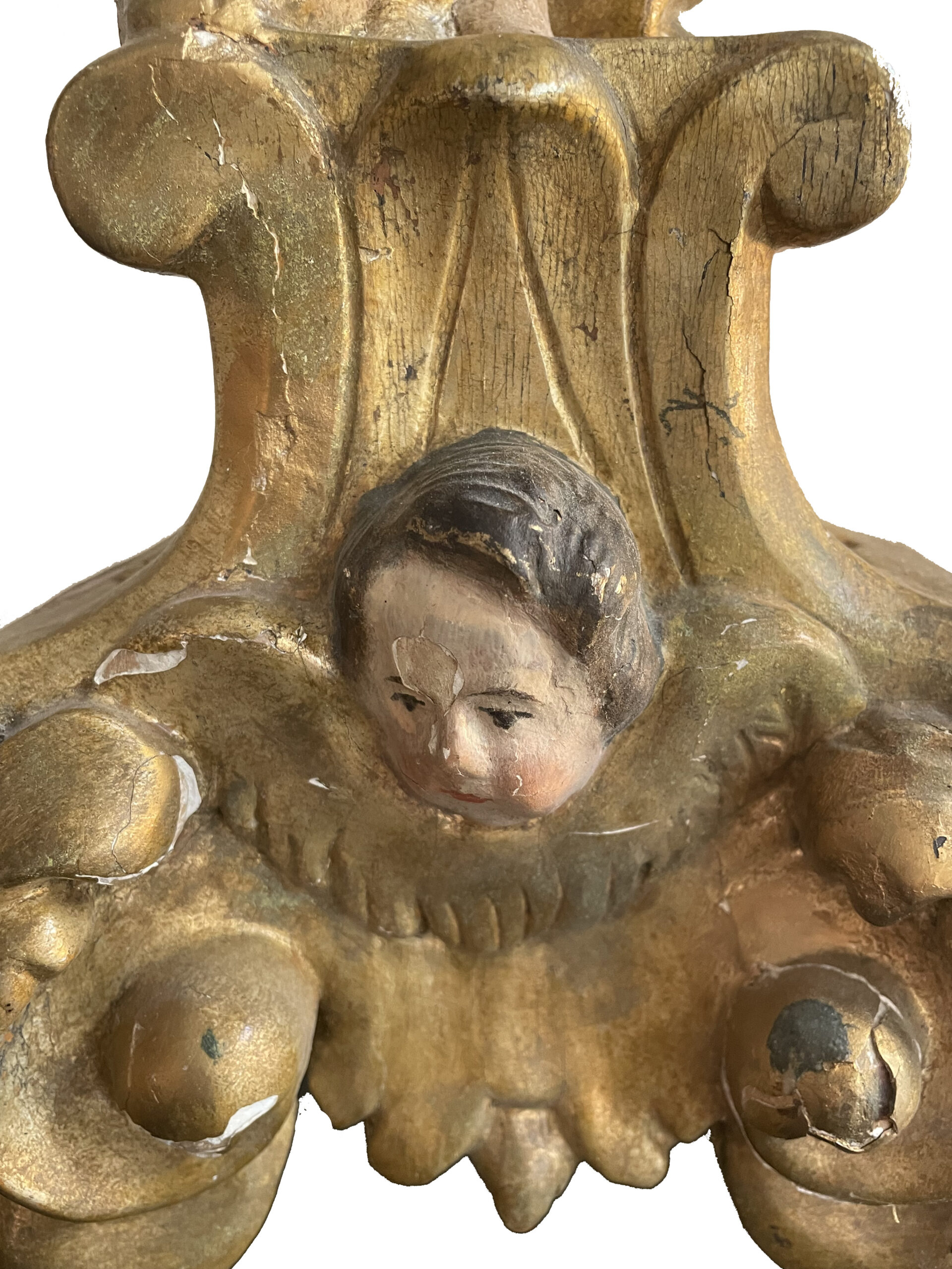 Figürlicher Altartisch-Leuchter aus geschnitztem, gefasstem und teilvergoldetem Holz