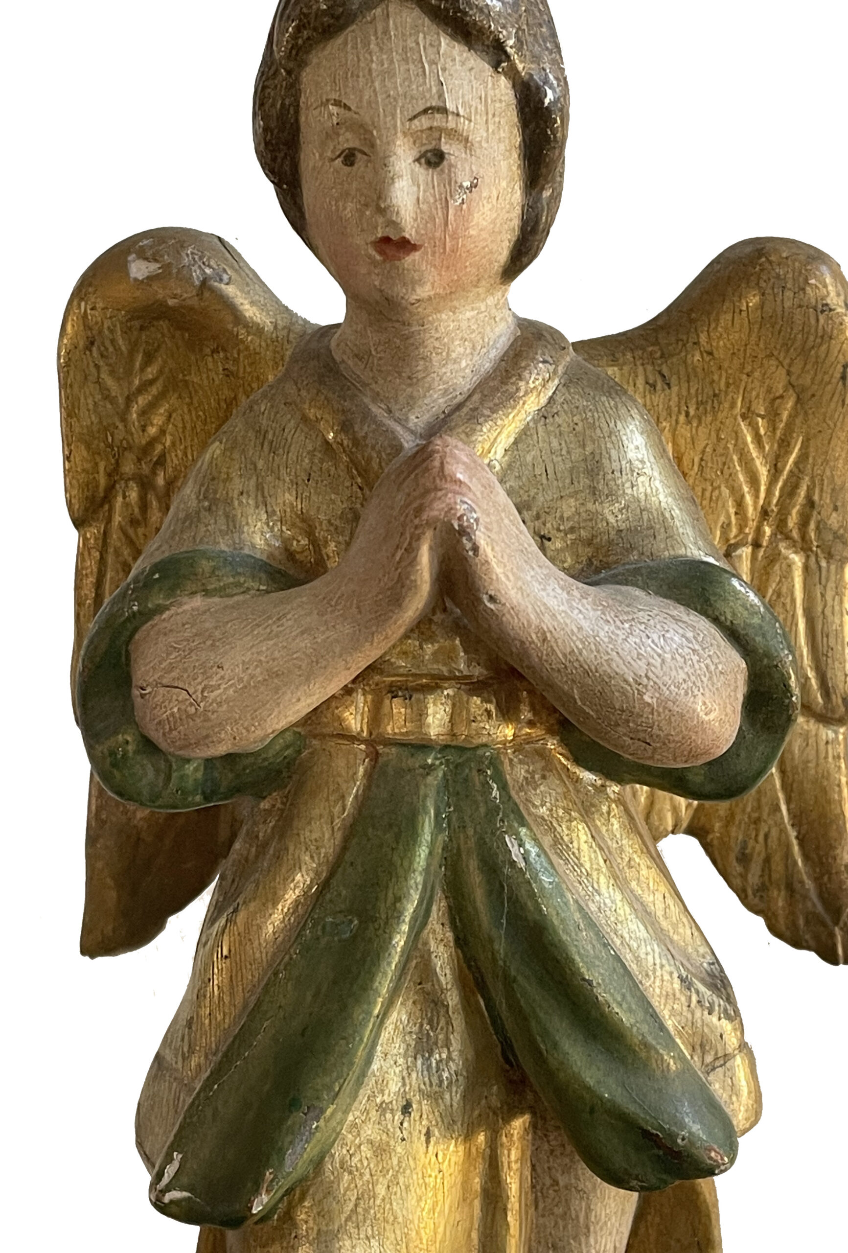 Figürlicher Altartisch-Leuchter aus geschnitztem, gefasstem und teilvergoldetem Holz