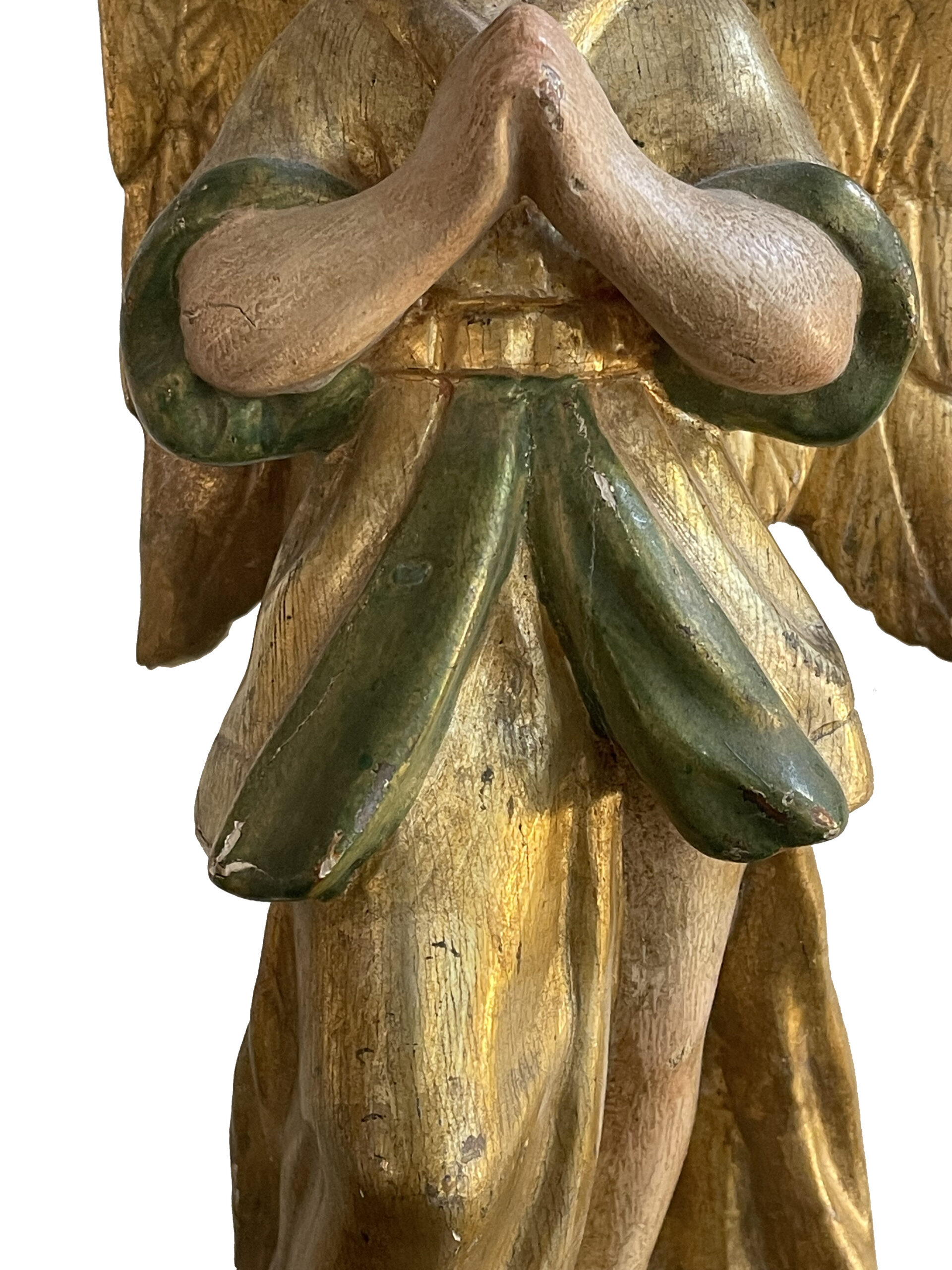 Figürlicher Altartisch-Leuchter aus geschnitztem, gefasstem und teilvergoldetem Holz