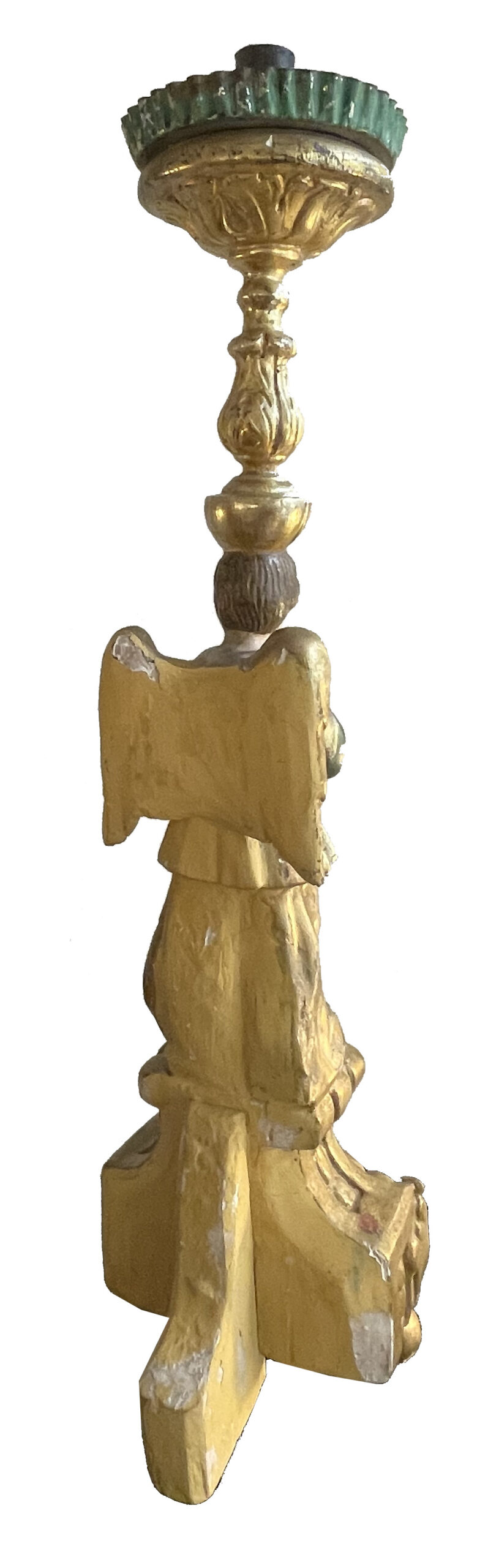 Figürlicher Altartisch-Leuchter aus geschnitztem, gefasstem und teilvergoldetem Holz