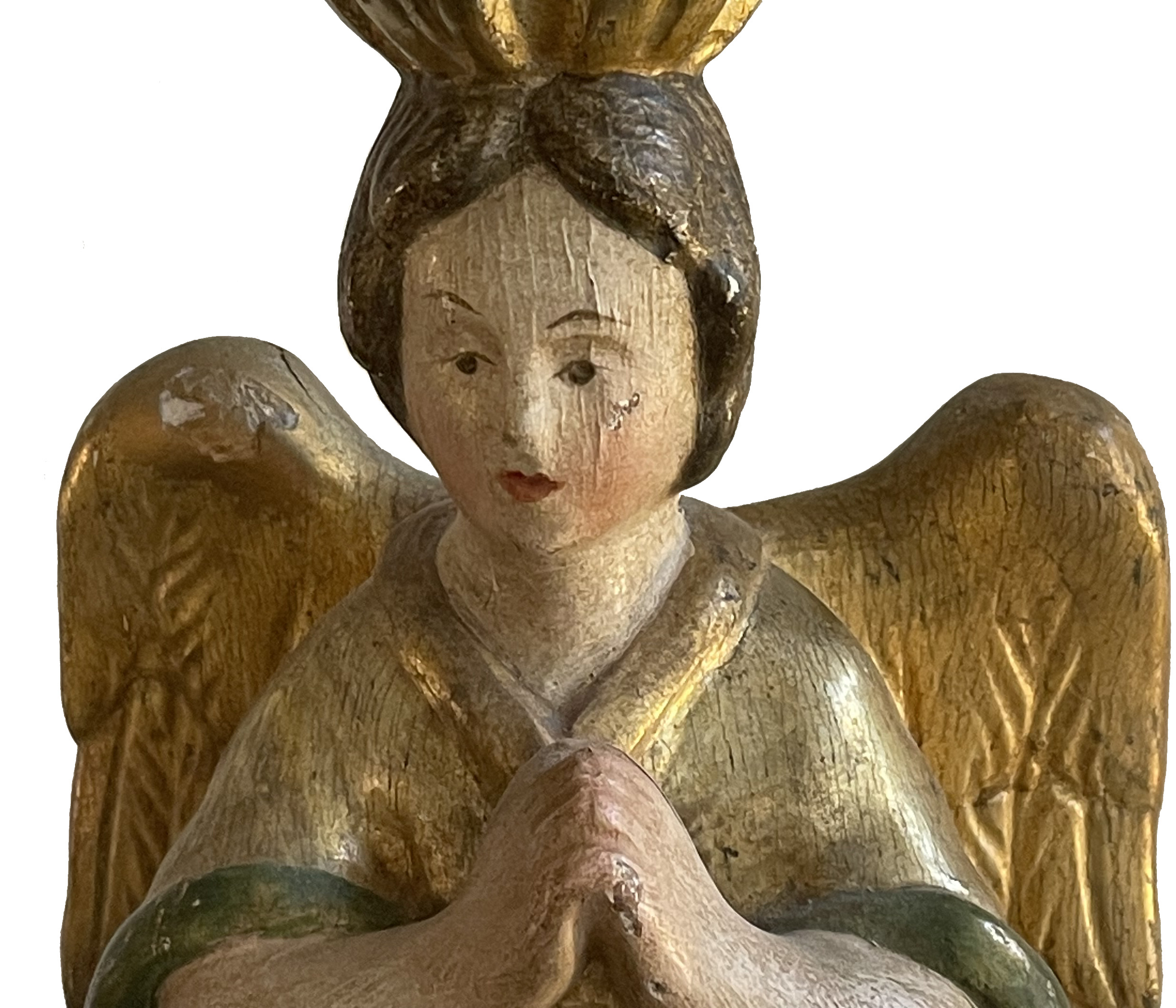 Figürlicher Altartisch-Leuchter aus geschnitztem, gefasstem und teilvergoldetem Holz