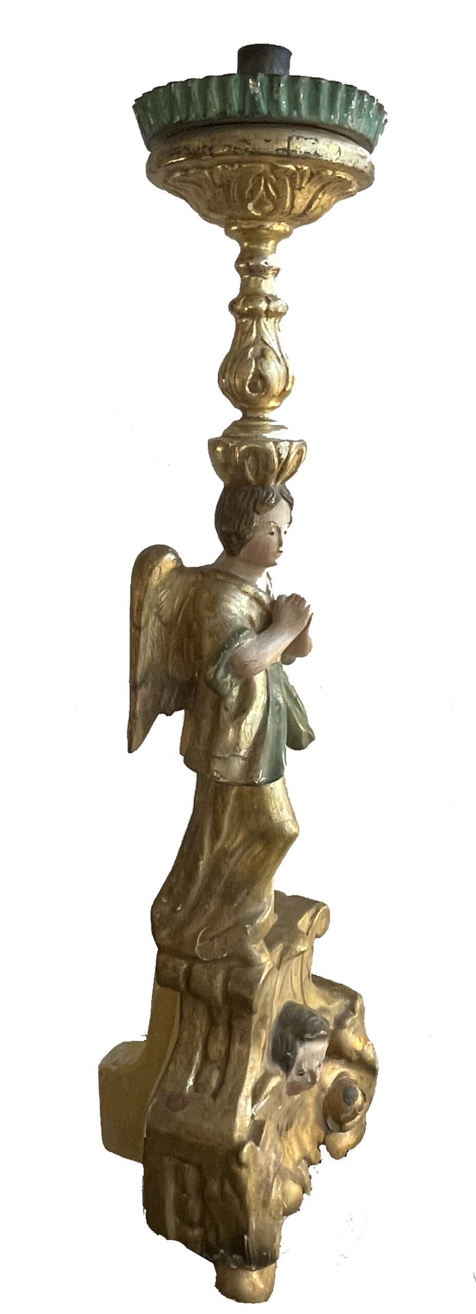 Figürlicher Altartisch-Leuchter aus geschnitztem, gefasstem und teilvergoldetem Holz