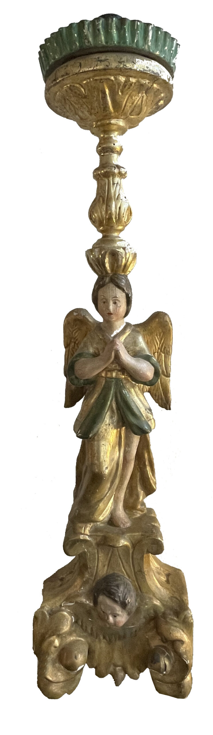 Figürlicher Altartisch-Leuchter aus geschnitztem, gefasstem und teilvergoldetem Holz