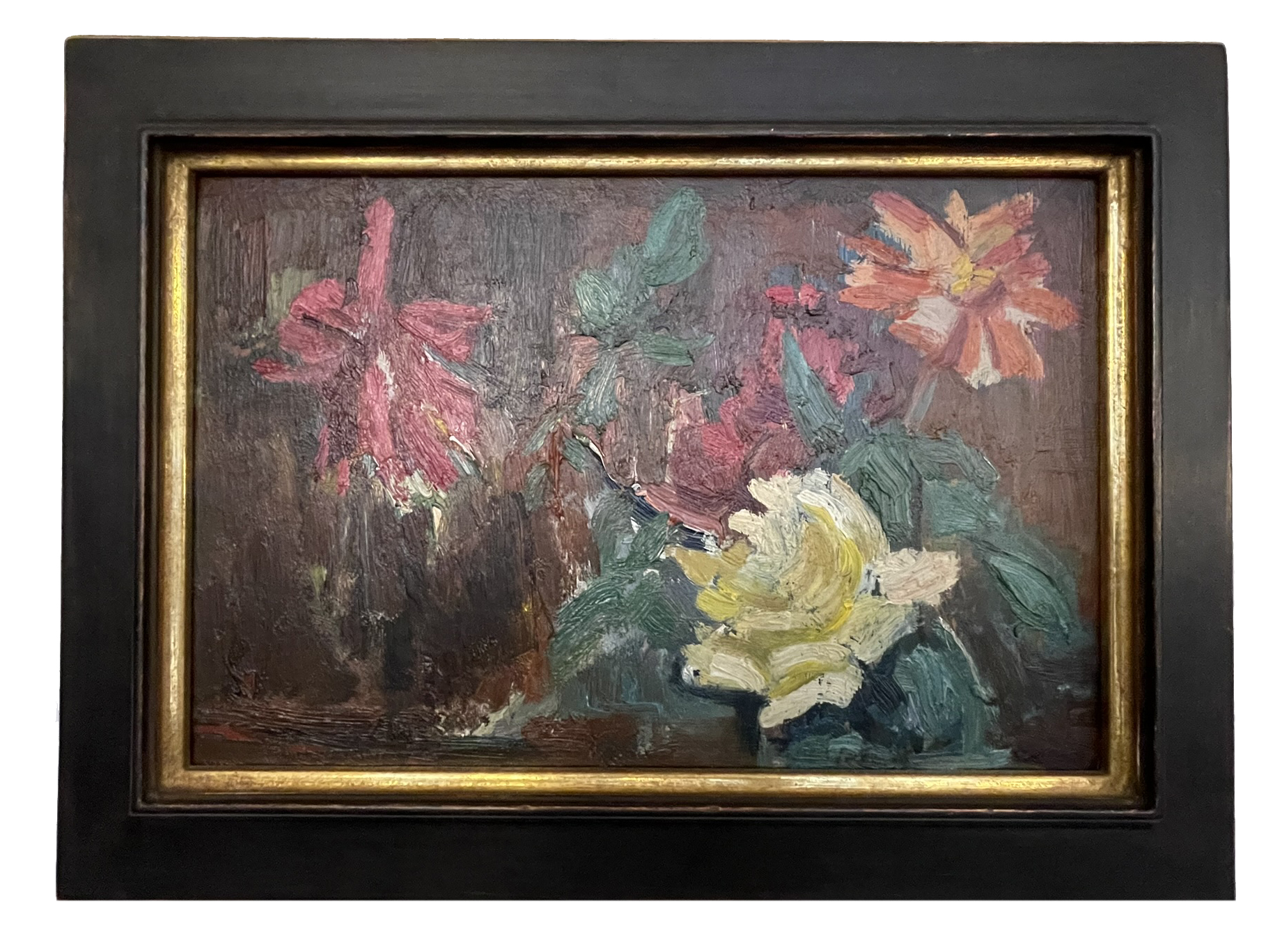 impasto flower still life with pink, yellow and orange blossoms