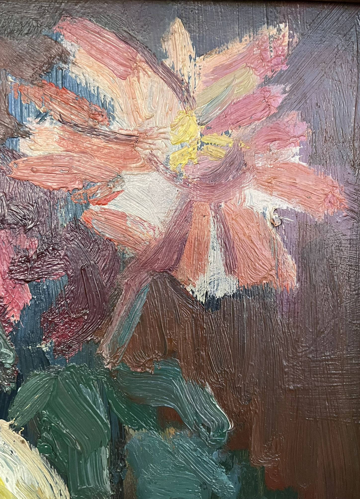 impasto flower still life with pink, yellow and orange blossoms