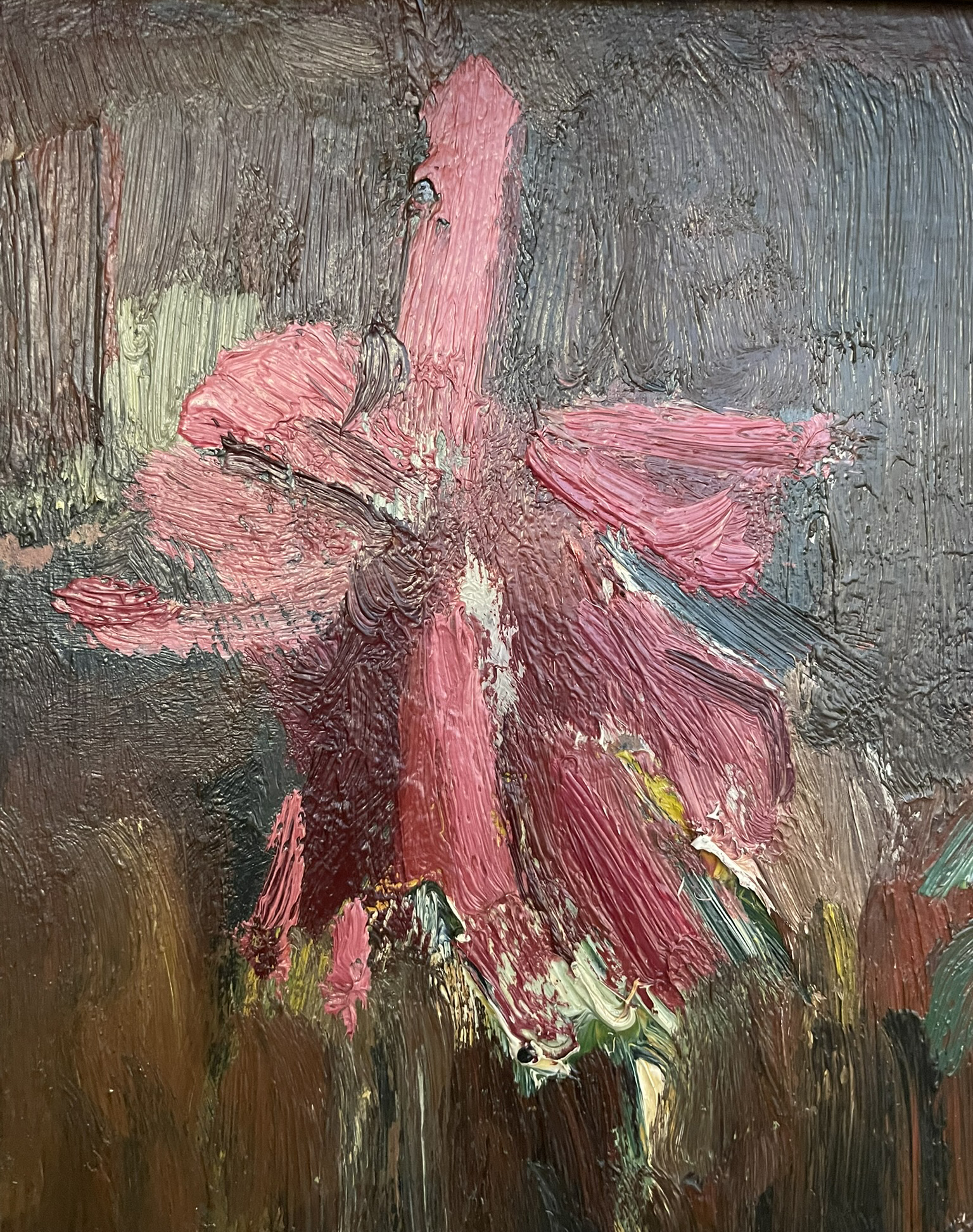 impasto flower still life with pink, yellow and orange blossoms