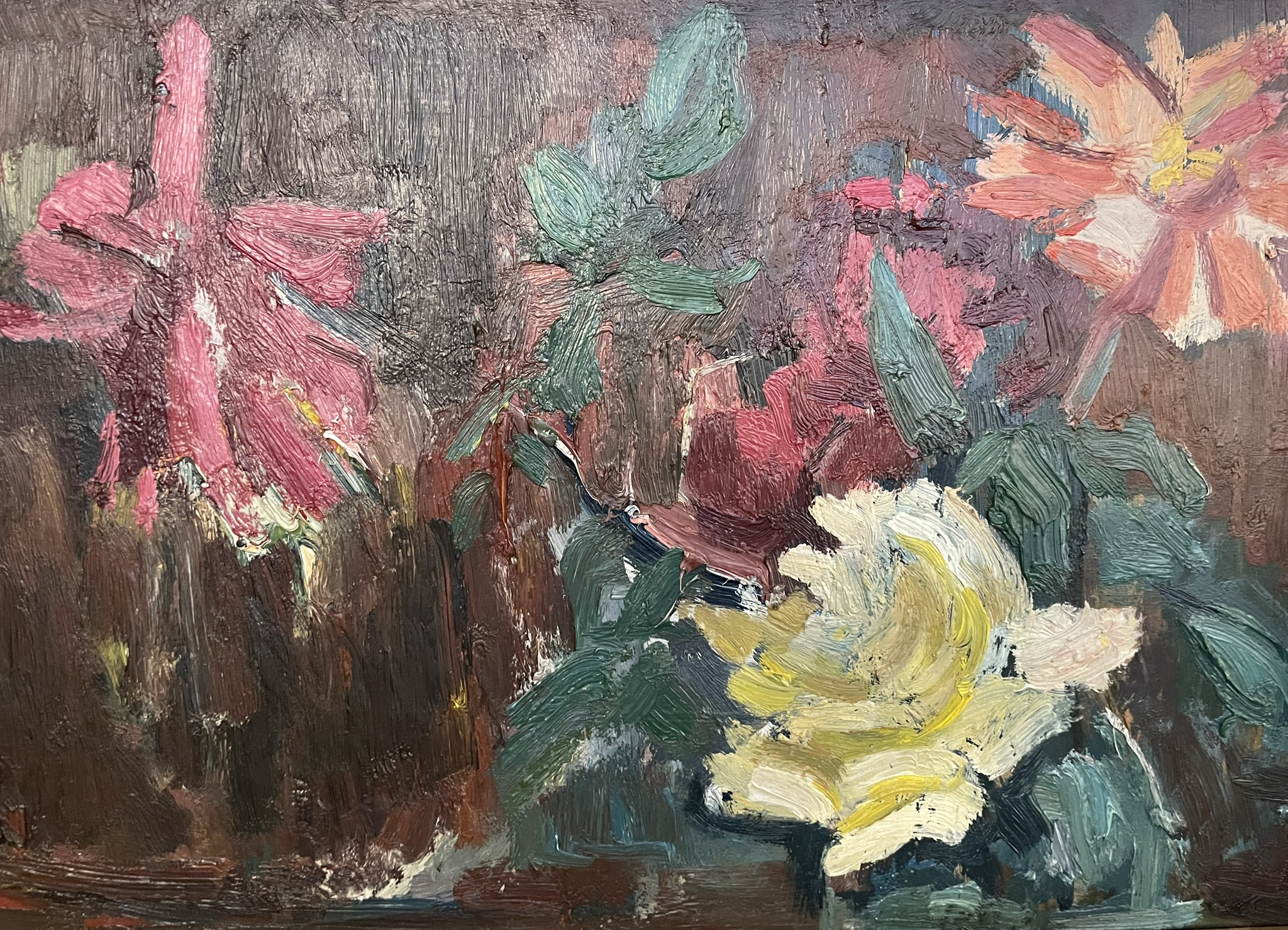 impasto flower still life with pink, yellow and orange blossoms