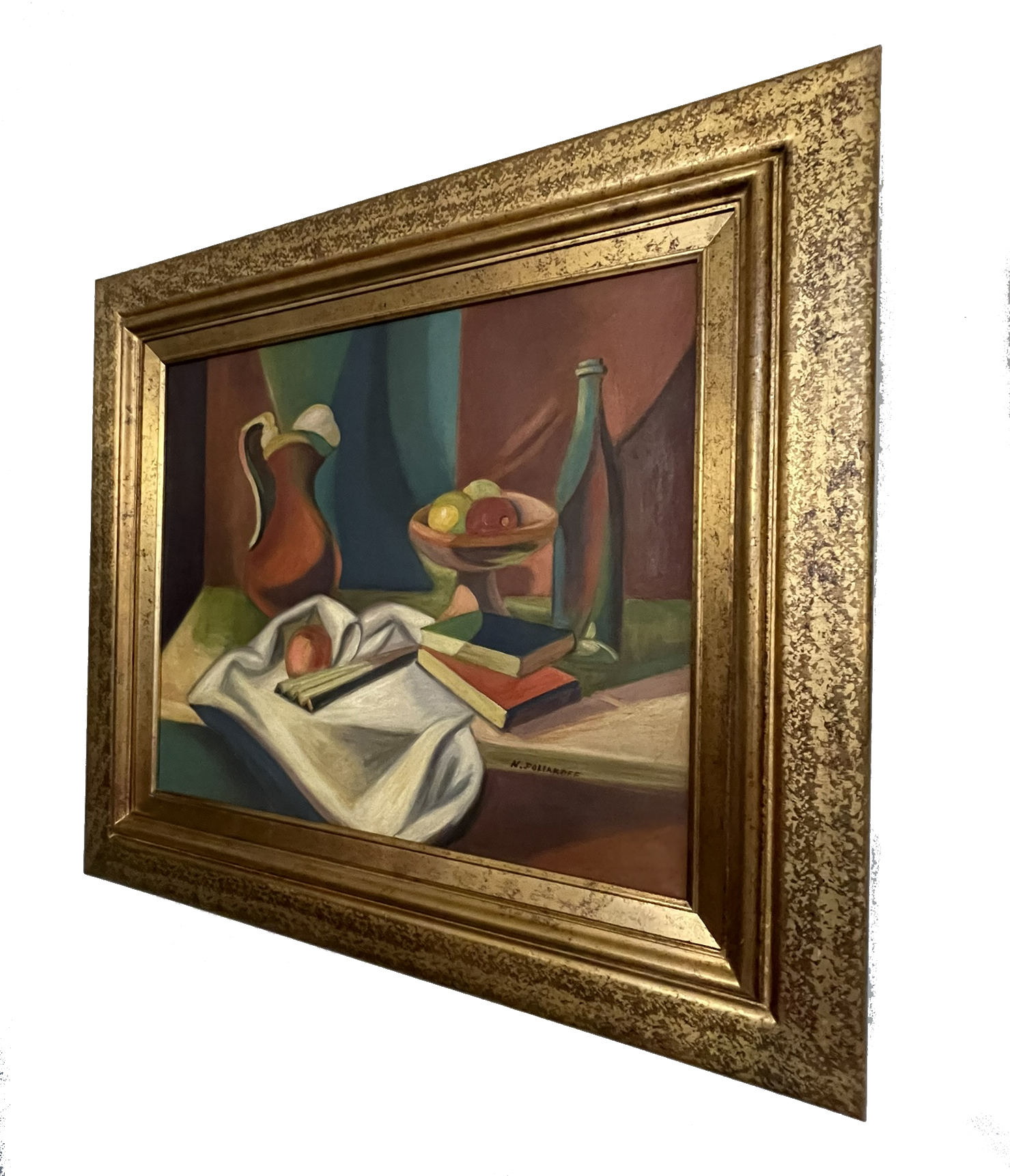 "Nicolas Poliakoff Still Life Oil on Canvas with Jug, Fruit Bowl, Bottle and Books, signed"