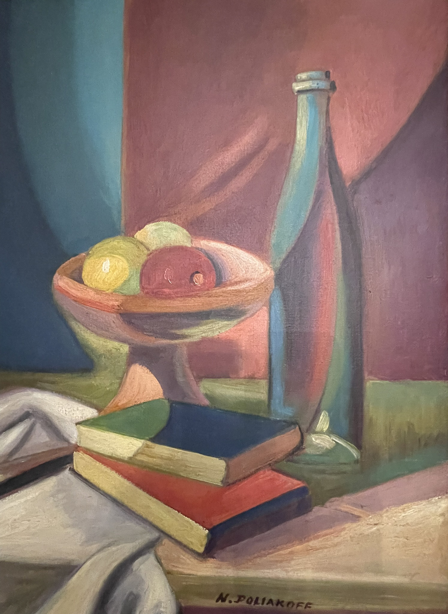 "Nicolas Poliakoff Still Life Oil on Canvas with Jug, Fruit Bowl, Bottle and Books, signed"