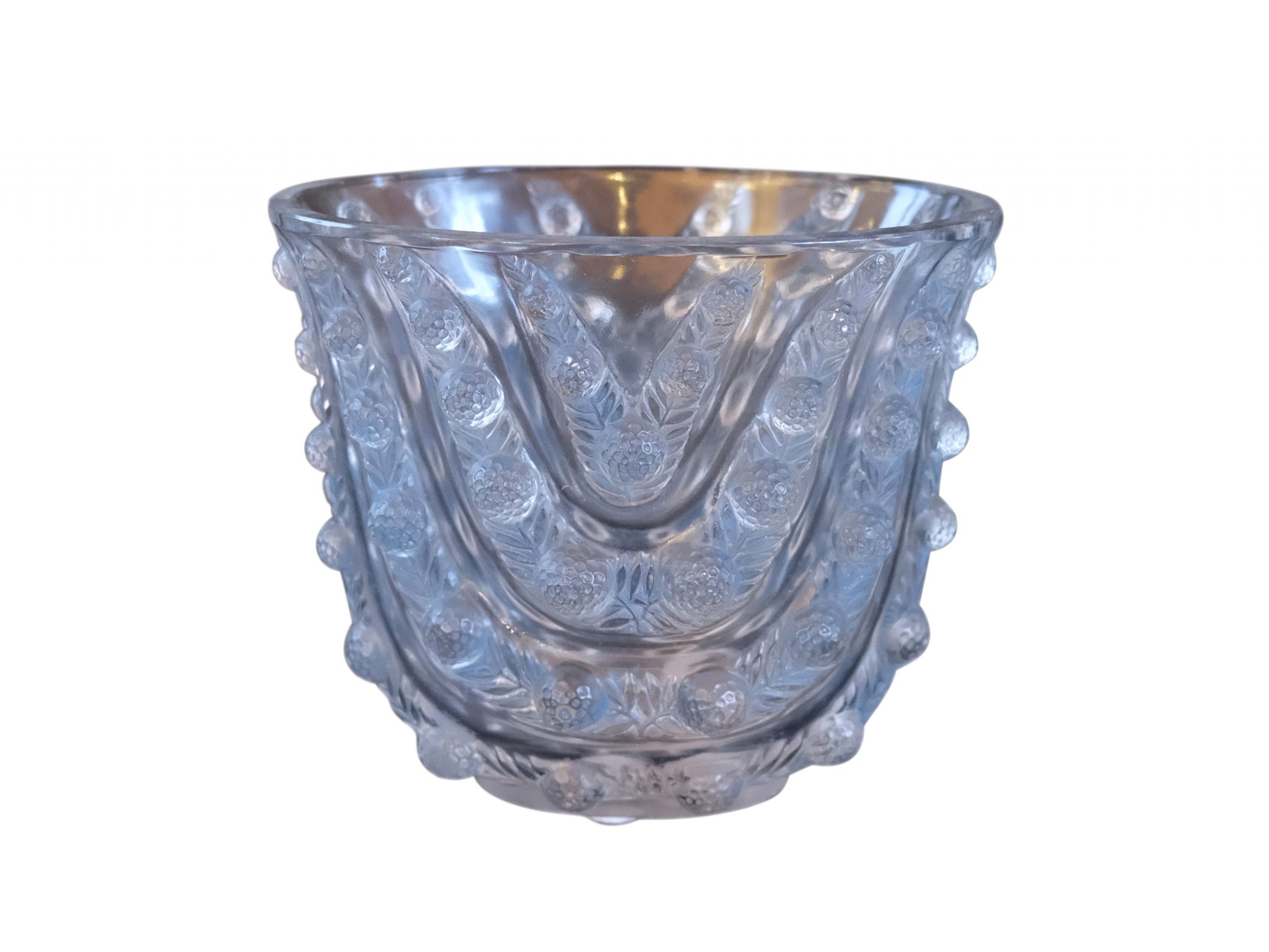 Blaue Lalique Vase mit erhabenen Blatt-und Beerenmotiven