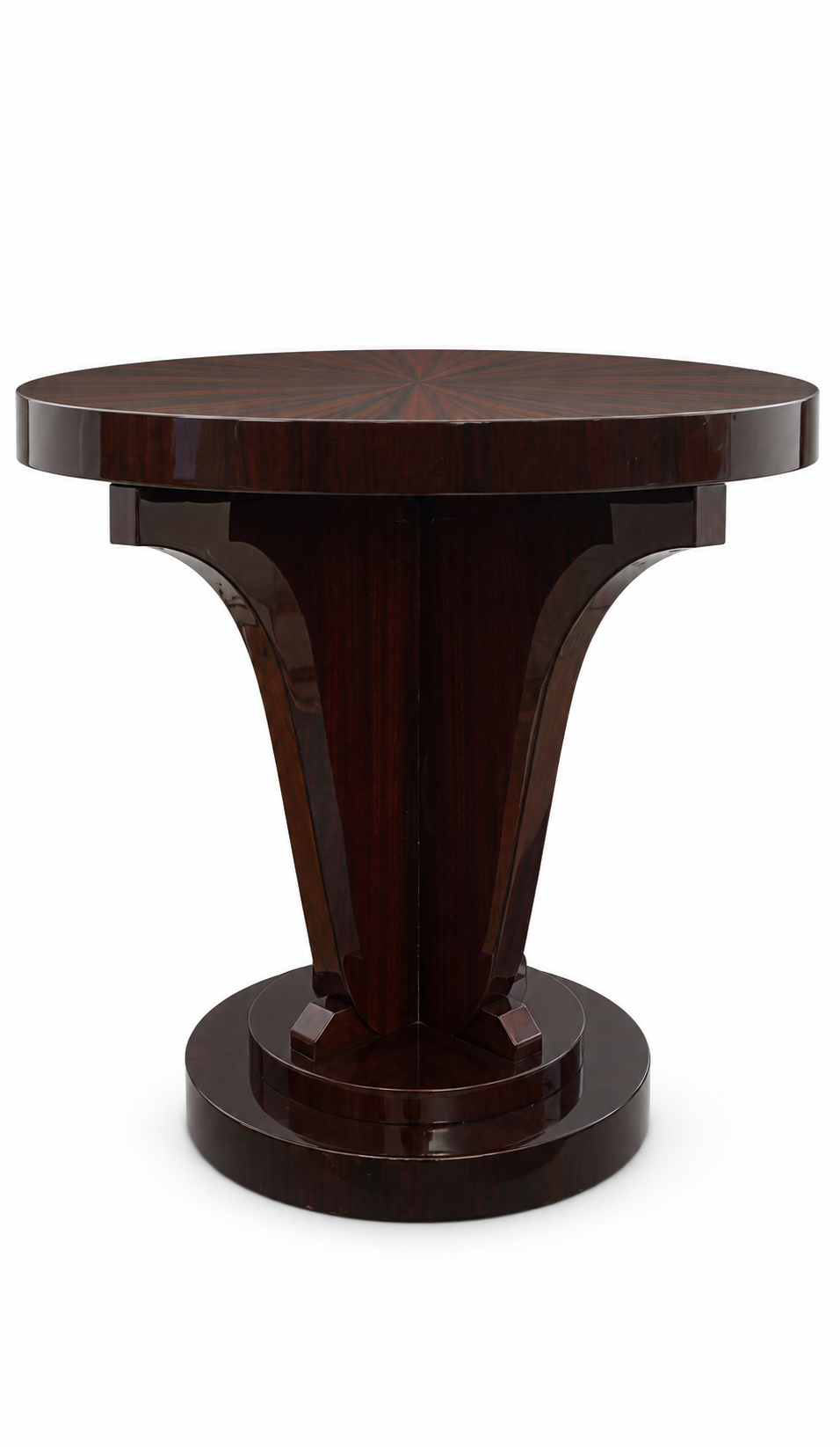Detail of the mahogany grain and supports where they meet the round stepped base