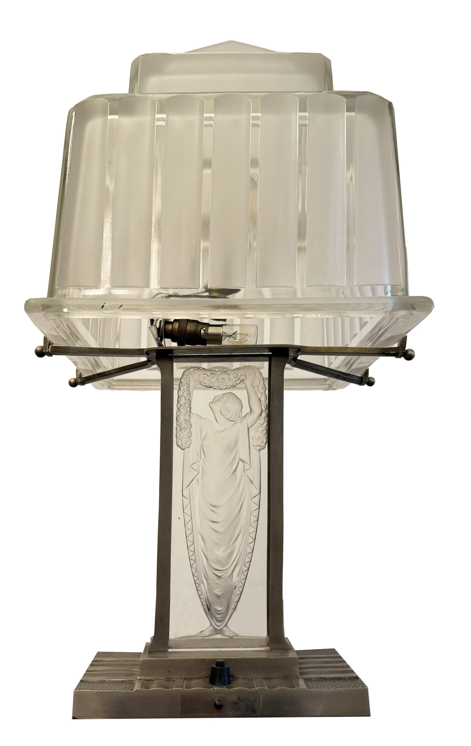 Rear view of the Art Deco lamp showing the glass shade, metal stem and stepped base