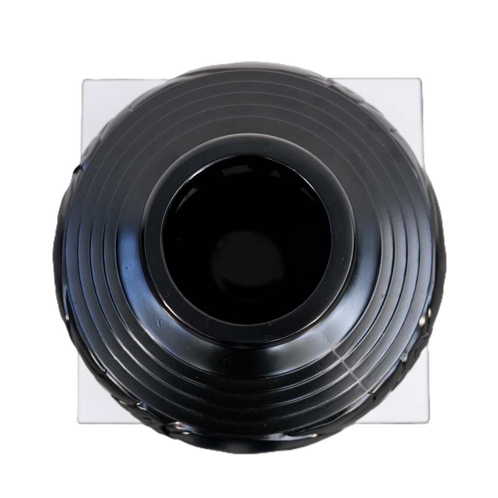 Black lion vase viewed from above, showing its circular opening and stepped rings