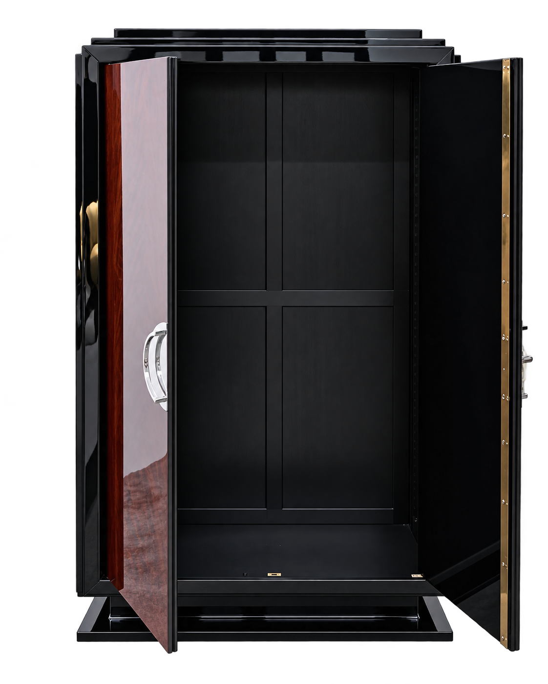 Inside, three matte black lacquered shelves provide practical storage space.